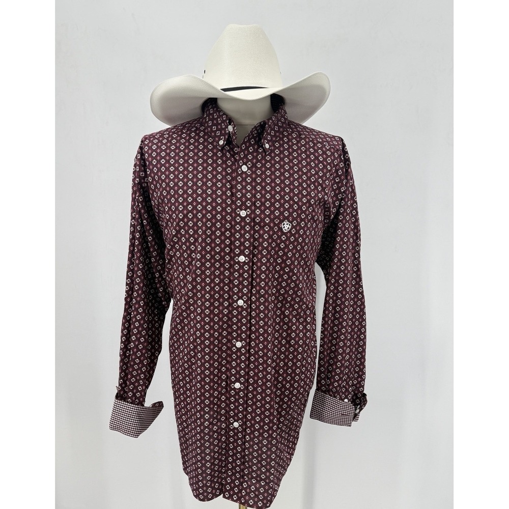 Ariat Wrinkle Free Western Shirt Mens XXL Burgundy Geometric Button Front Cotton